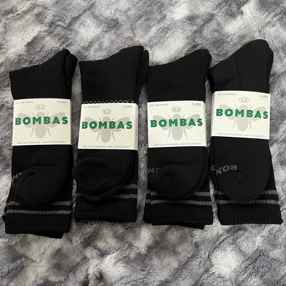 NEW Bombas Black XLARGE crew unisex Socks honeycomb Bee Logo 4 pack Pair